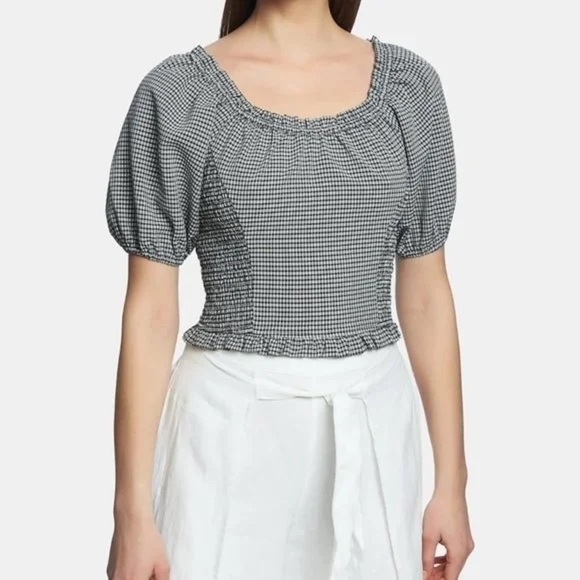 1 State prairie puff sleeve milkmaid blouse plaid gingham country preppy smocked - Picture 6 of 6